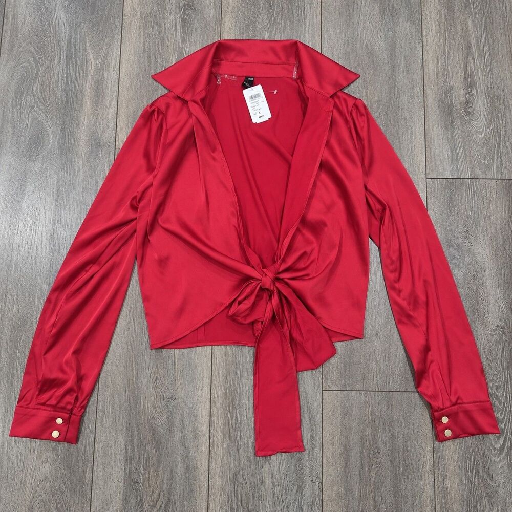Windsor So Sleek Satin Tie Front Blouse Women's Large Red Long Sleeve NWT